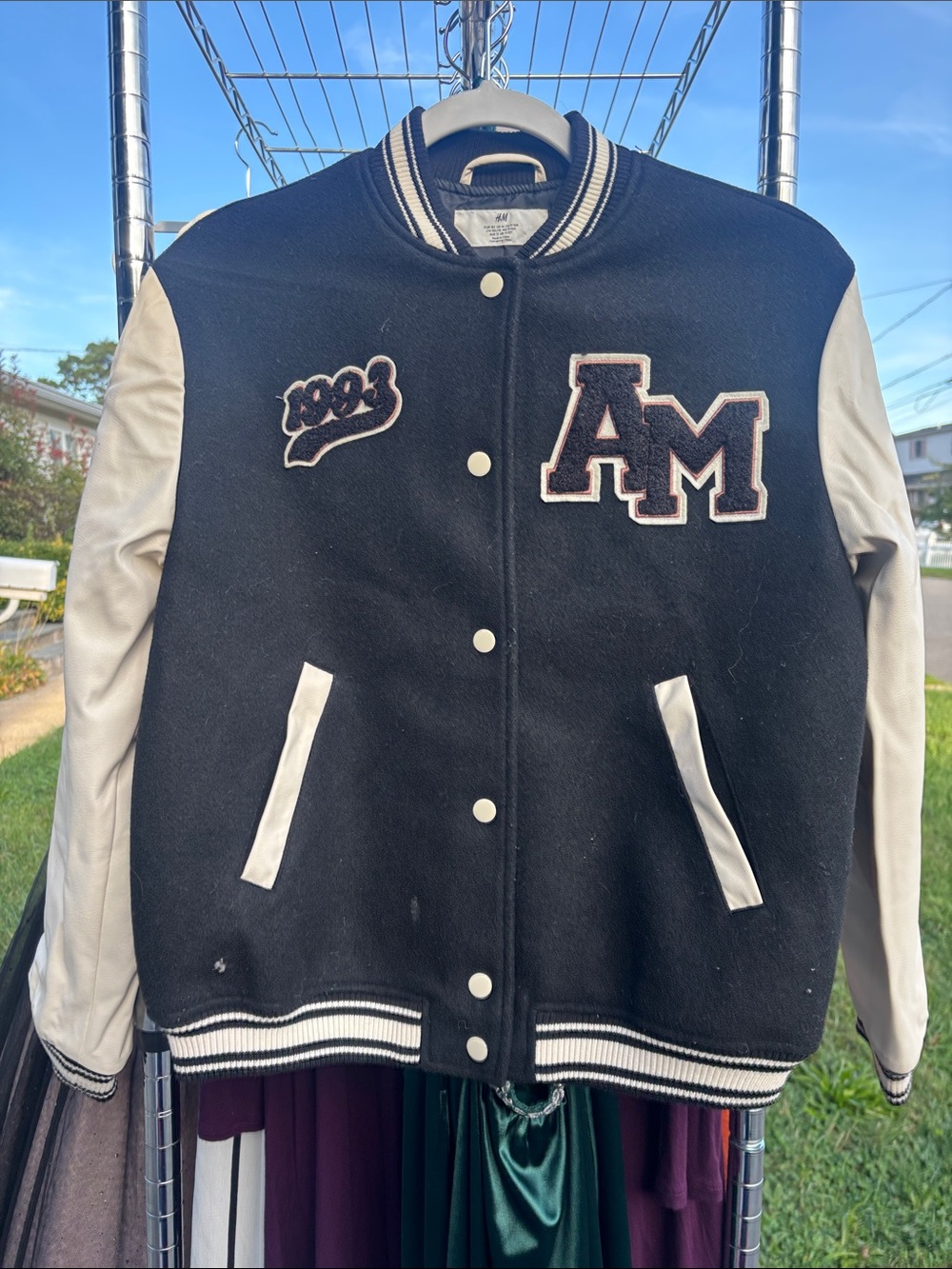 Kids large AM Two-Tone Black and Cream Varsity Jacket